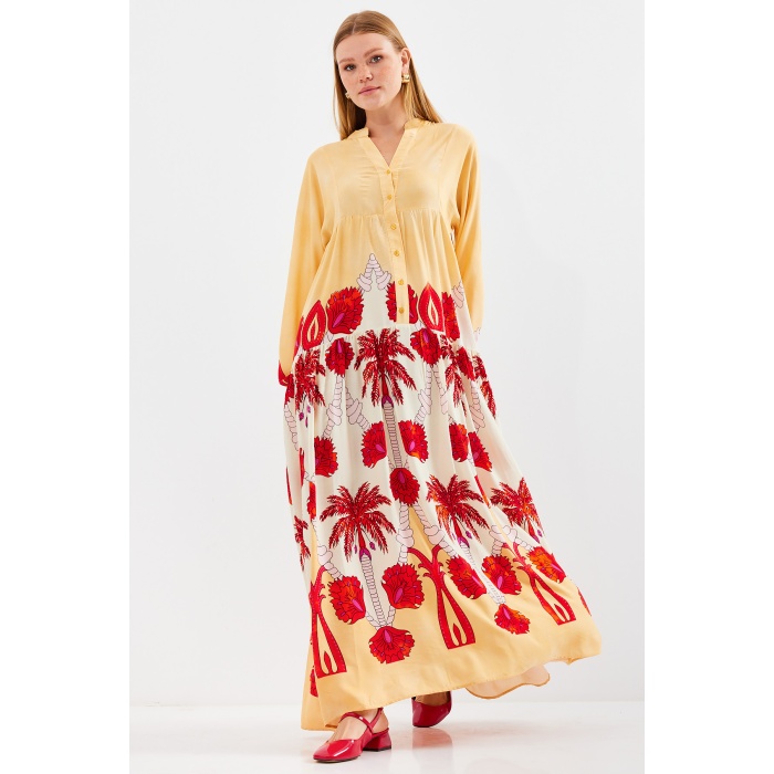 Kadın Sarı Kırmızı Viskon Tesettür Elbise 2423