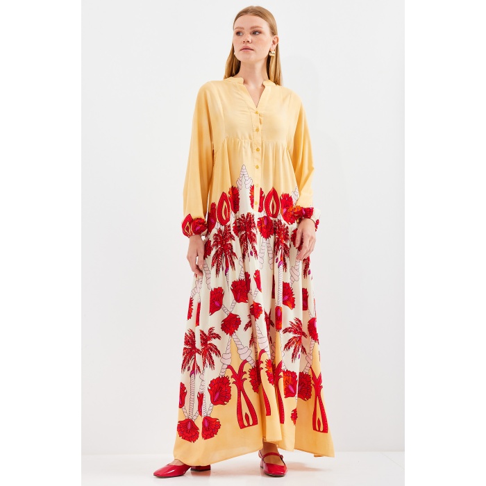 Kadın Sarı Kırmızı Viskon Tesettür Elbise 2423