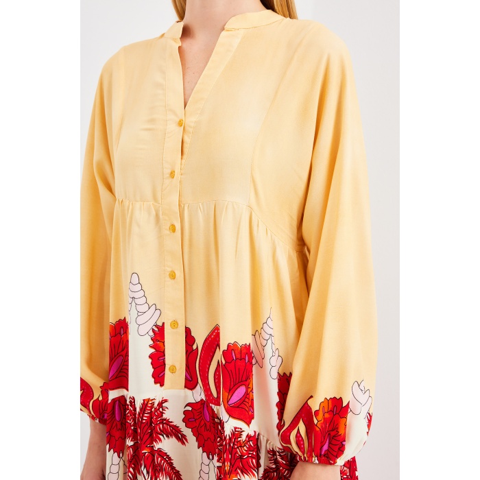 Kadın Sarı Kırmızı Viskon Tesettür Elbise 2423