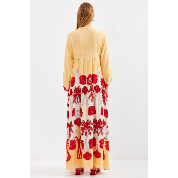 Kadın Sarı Kırmızı Viskon Tesettür Elbise 2423