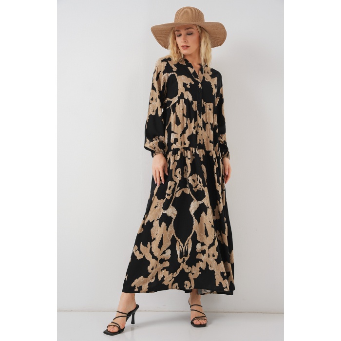 2423 Otantik Desenli Tesettür Elbise - A.Bej