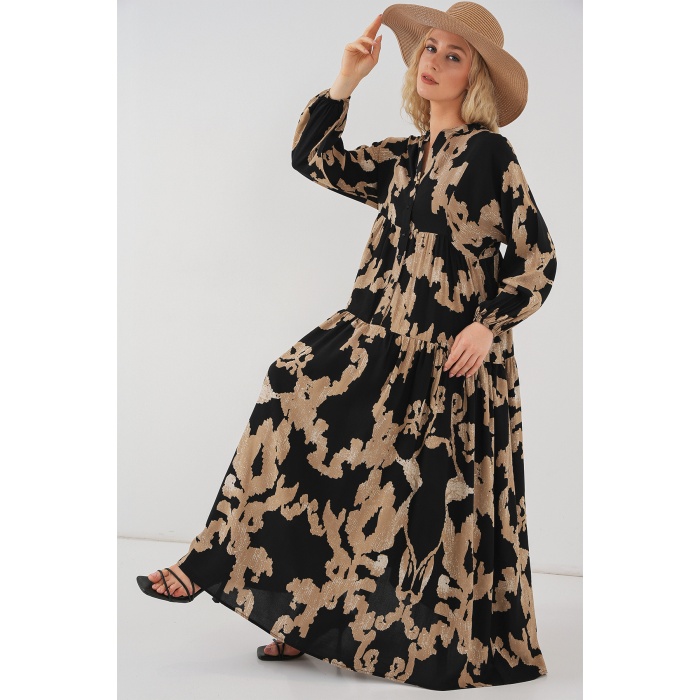 2423 Otantik Desenli Tesettür Elbise - A.Bej