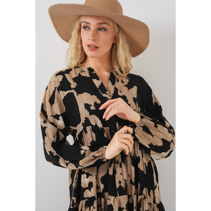 2423 Otantik Desenli Tesettür Elbise - A.Bej