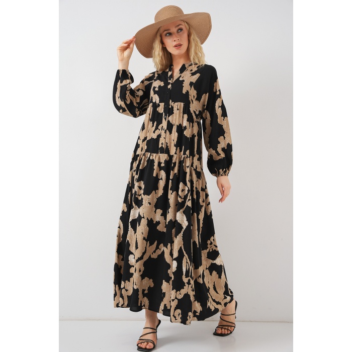 2423 Otantik Desenli Tesettür Elbise - A.Bej