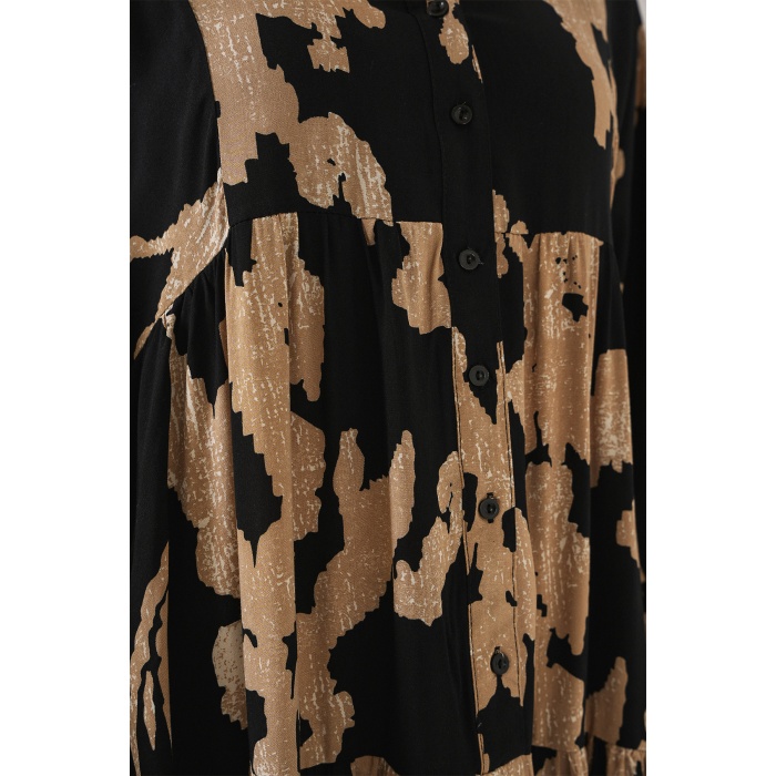 2423 Otantik Desenli Tesettür Elbise - A.Bej