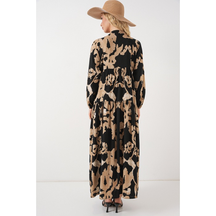 2423 Otantik Desenli Tesettür Elbise - A.Bej