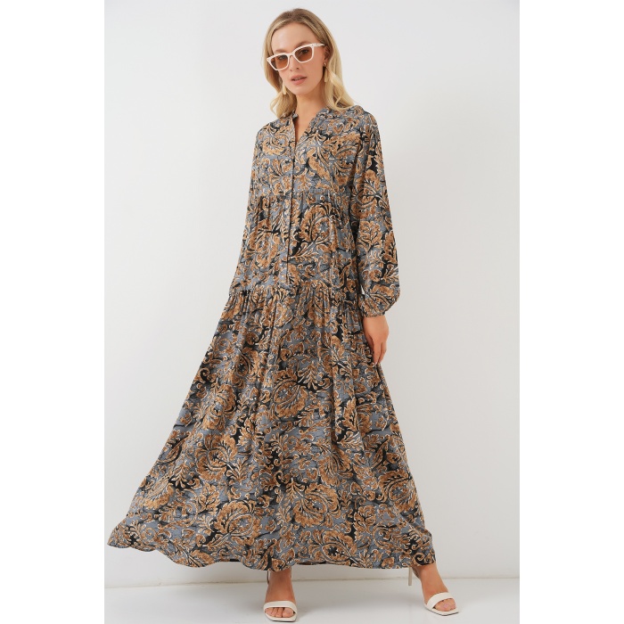 2423 Otantik Desenli Tesettür Elbise - A.Gri