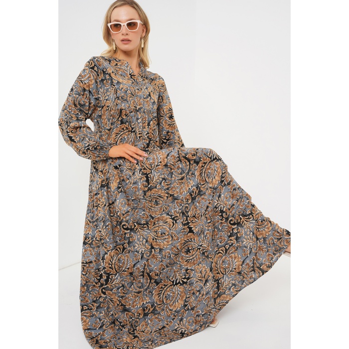 2423 Otantik Desenli Tesettür Elbise - A.Gri