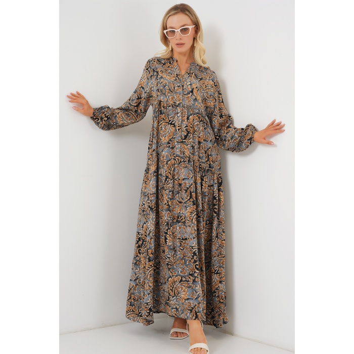 2423 Otantik Desenli Tesettür Elbise - A.Gri