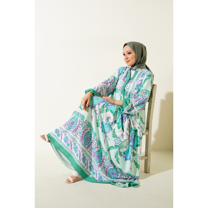 2423 Otantik Desenli Tesettür Elbise - D. Mint