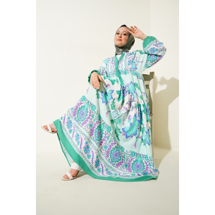 2423 Otantik Desenli Tesettür Elbise - D. Mint