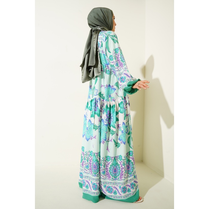 2423 Otantik Desenli Tesettür Elbise - D. Mint