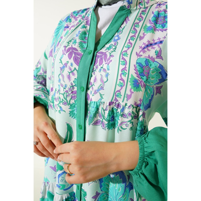 2423 Otantik Desenli Tesettür Elbise - D. Mint