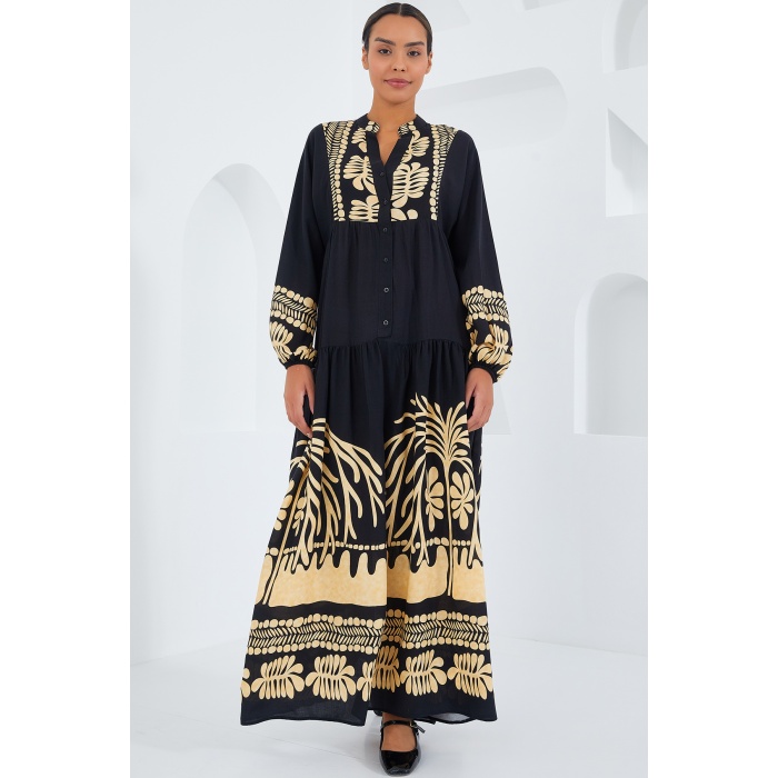 Kadın Siyah Hardal Viskon Tesettür Elbise 2423