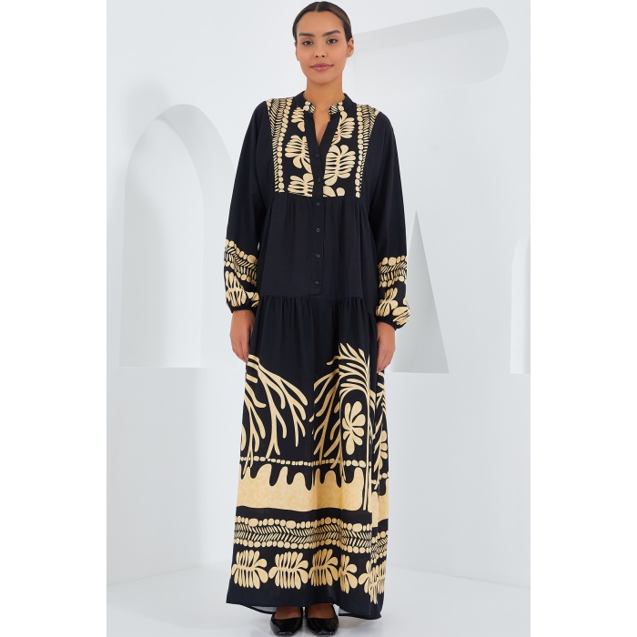 Kadın Siyah Hardal Viskon Tesettür Elbise 2423