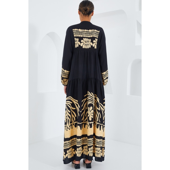 Kadın Siyah Hardal Viskon Tesettür Elbise 2423