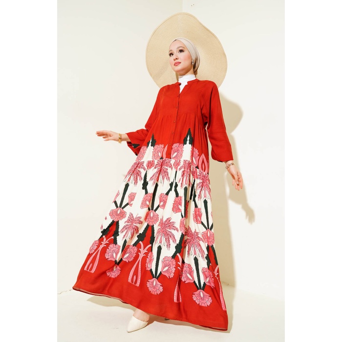 2423 Otantik Desenli Tesettür Elbise - F.Bordo