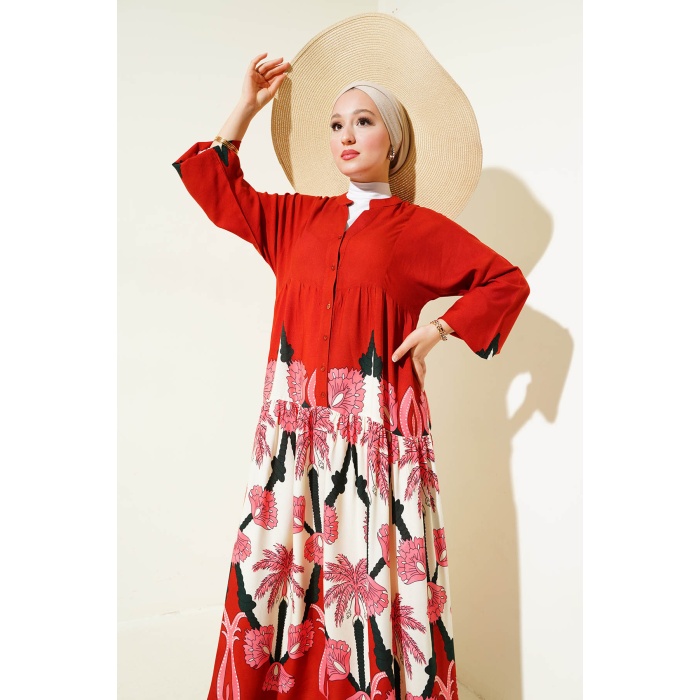 2423 Otantik Desenli Tesettür Elbise - F.Bordo