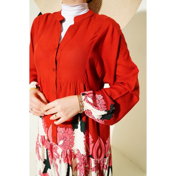 2423 Otantik Desenli Tesettür Elbise - F.Bordo