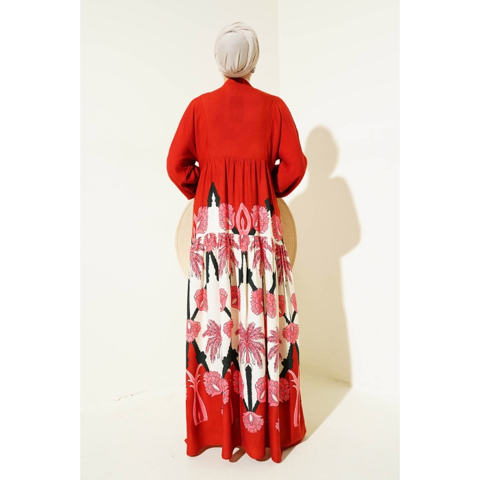 2423 Otantik Desenli Tesettür Elbise - F.Bordo