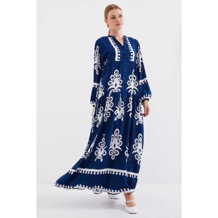 2423 Otantik Desenli Tesettür Elbise - F.Lacivert