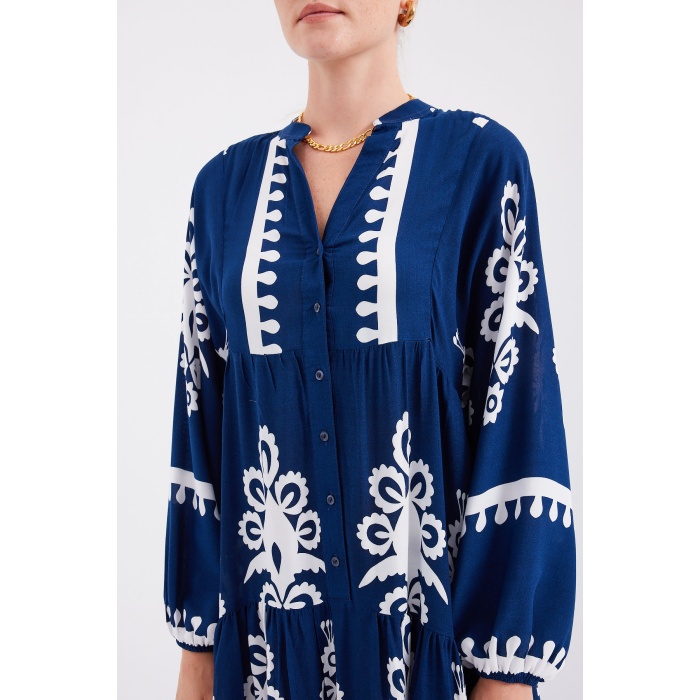 2423 Otantik Desenli Tesettür Elbise - F.Lacivert