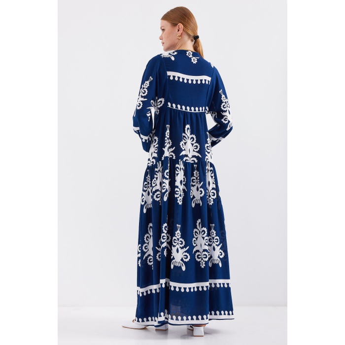2423 Otantik Desenli Tesettür Elbise - F.Lacivert