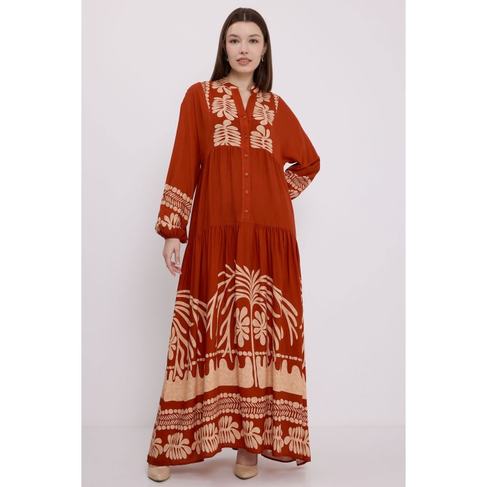 Kadın Kiremit Vizon Viskon Tesettür Elbise 2423