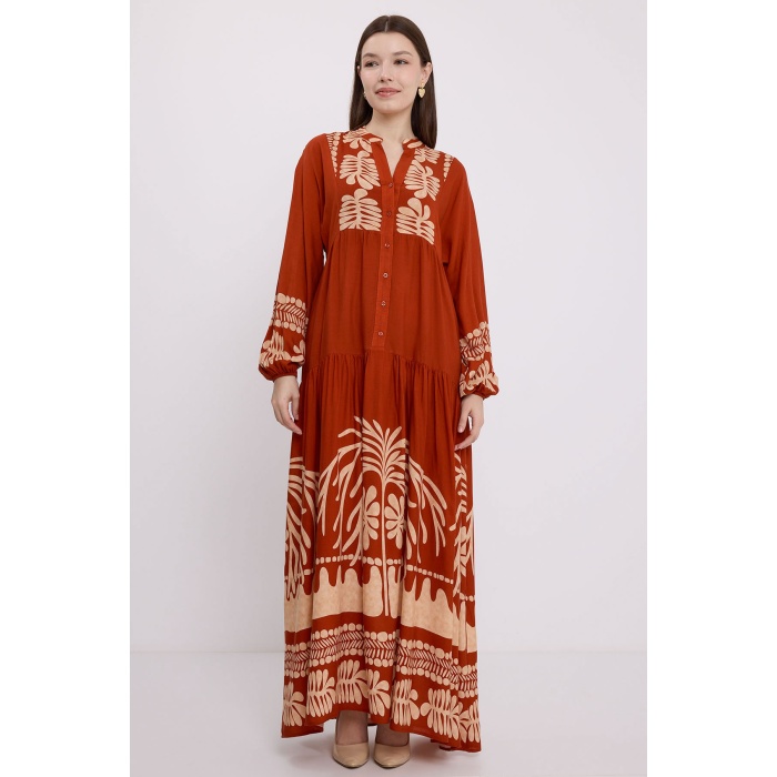 Kadın Kiremit Vizon Viskon Tesettür Elbise 2423