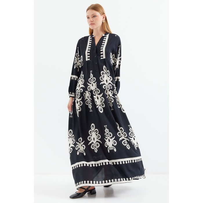 2423 Otantik Desenli Tesettür Elbise - Z.Siyah