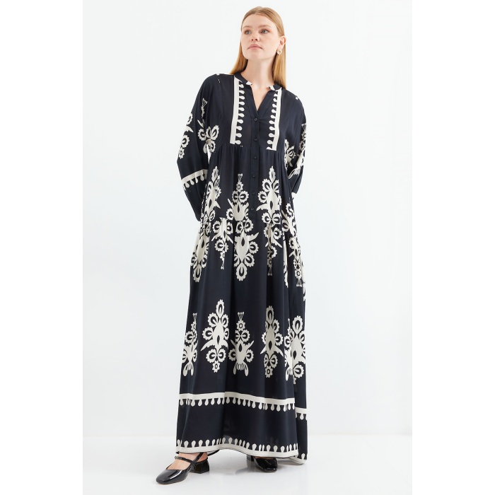 2423 Otantik Desenli Tesettür Elbise - Z.Siyah