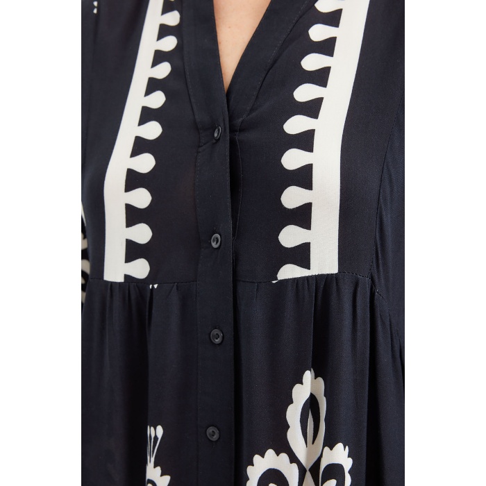 2423 Otantik Desenli Tesettür Elbise - Z.Siyah