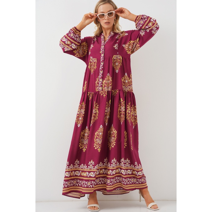 2423 Otantik Desenli Tesettür Elbise - Z.Bordo