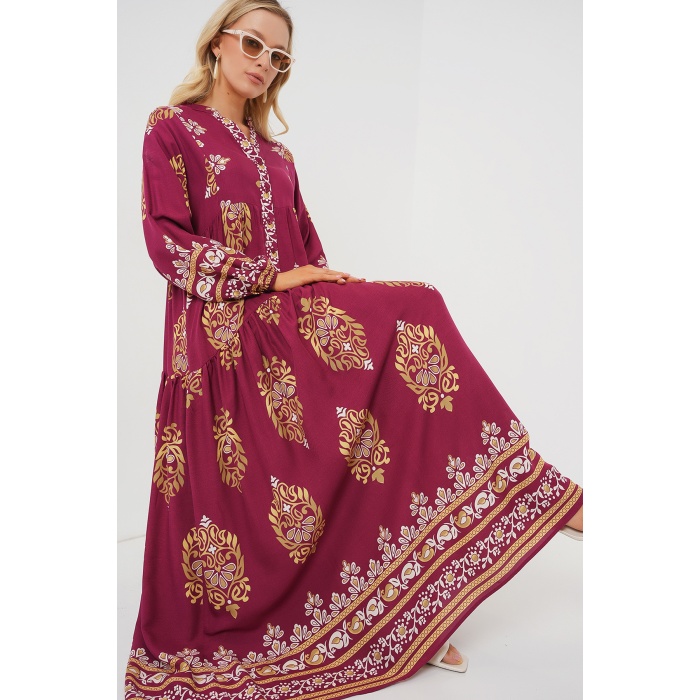 2423 Otantik Desenli Tesettür Elbise - Z.Bordo