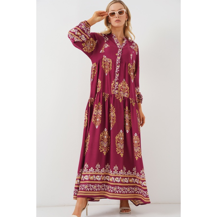 2423 Otantik Desenli Tesettür Elbise - Z.Bordo