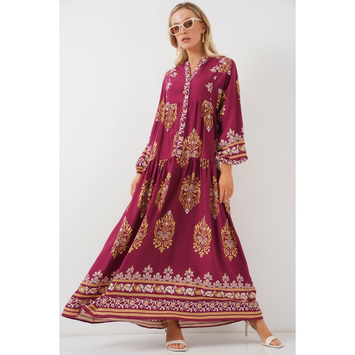 2423 Otantik Desenli Tesettür Elbise - Z.Bordo