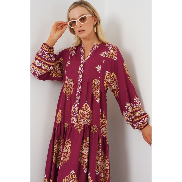 2423 Otantik Desenli Tesettür Elbise - Z.Bordo