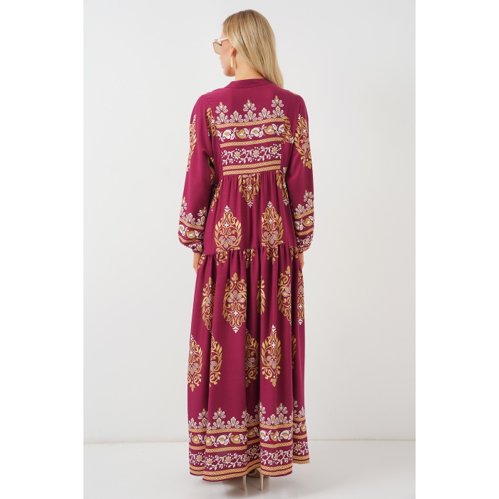 2423 Otantik Desenli Tesettür Elbise - Z.Bordo
