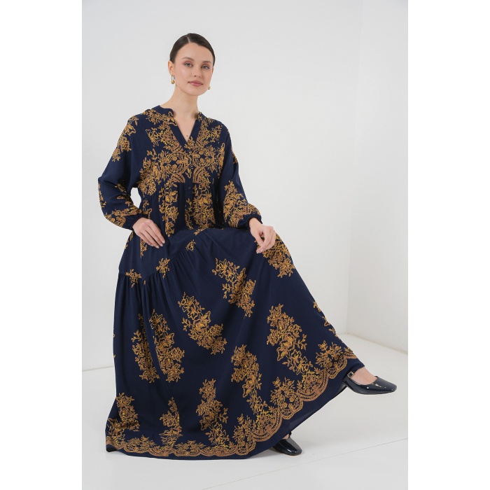 Lacivert Gold Desenli Tesettür Elbise 2423
