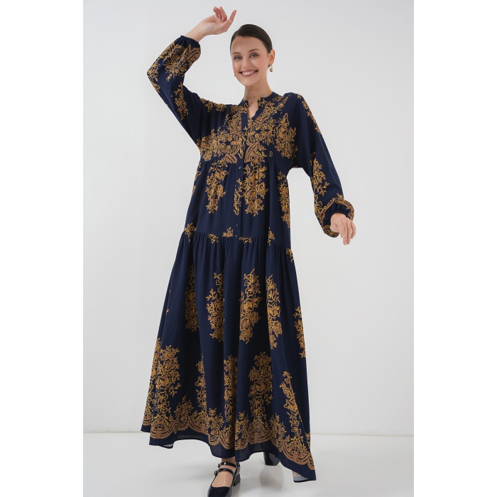 Lacivert Gold Desenli Tesettür Elbise 2423