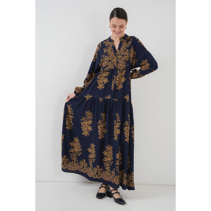 Lacivert Gold Desenli Tesettür Elbise 2423