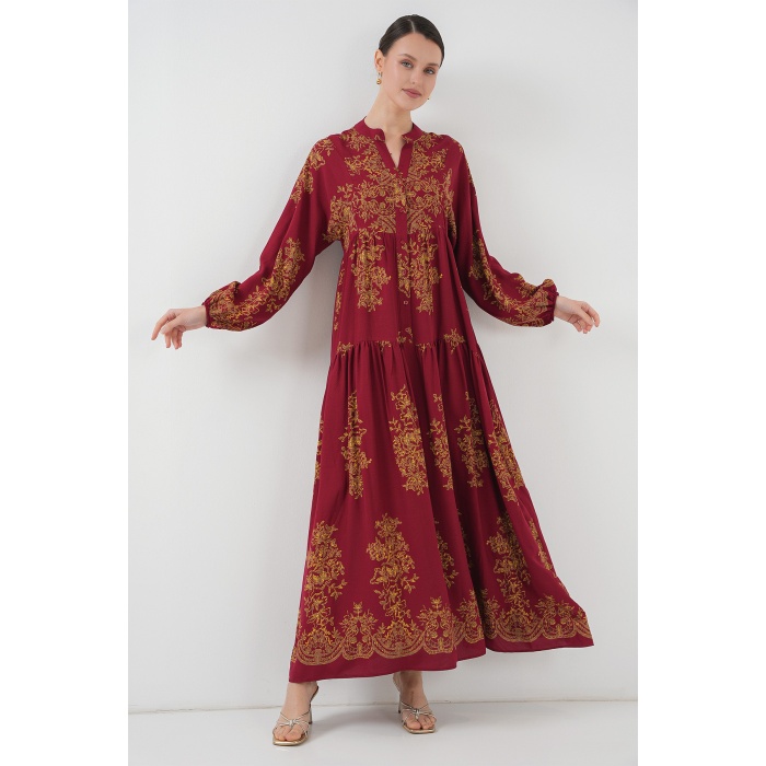 Bordo Gold Desenli Tesettür Elbise 2423