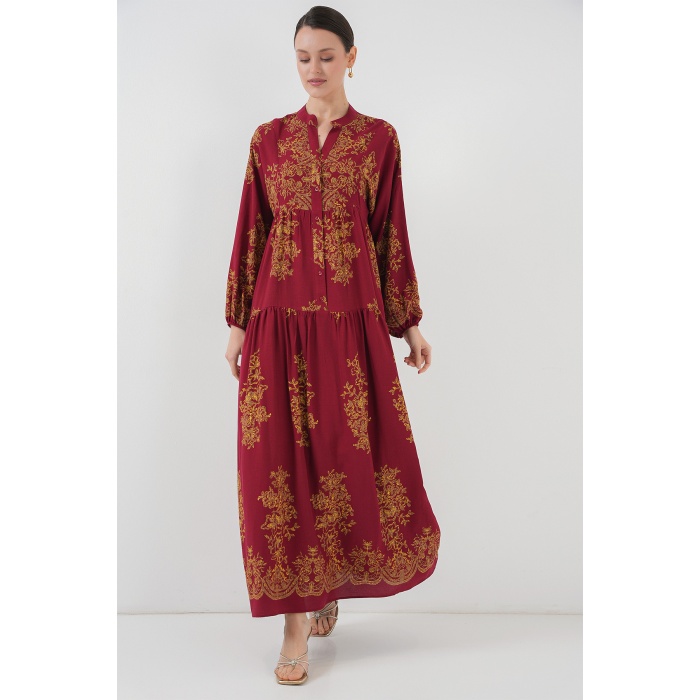 Bordo Gold Desenli Tesettür Elbise 2423
