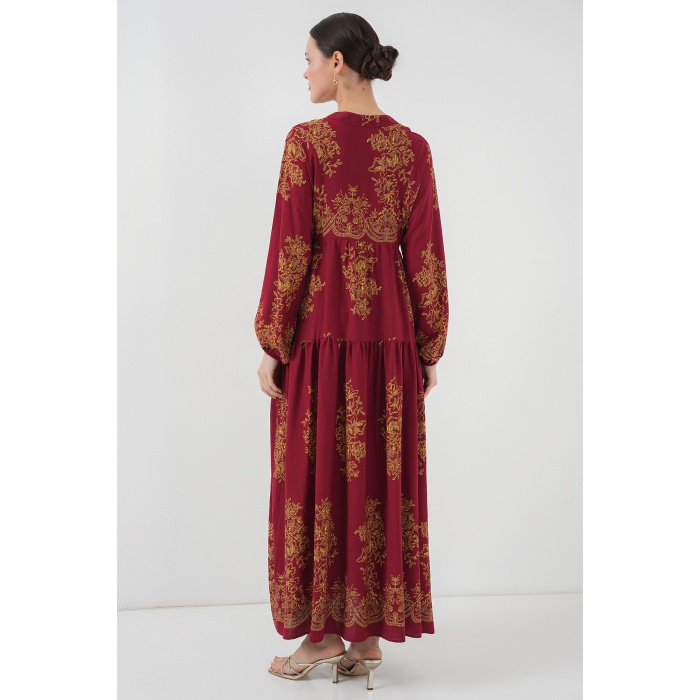 Bordo Gold Desenli Tesettür Elbise 2423