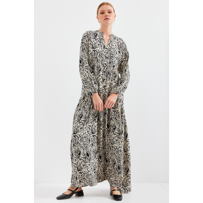 Kadın Desenli Siyah  Viskon Tesettür Elbise 2423