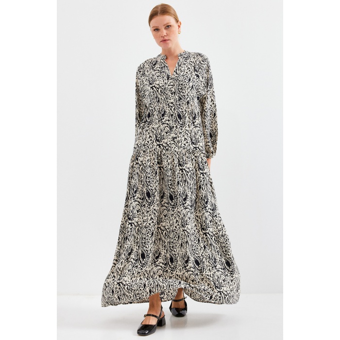 Kadın Desenli Siyah  Viskon Tesettür Elbise 2423