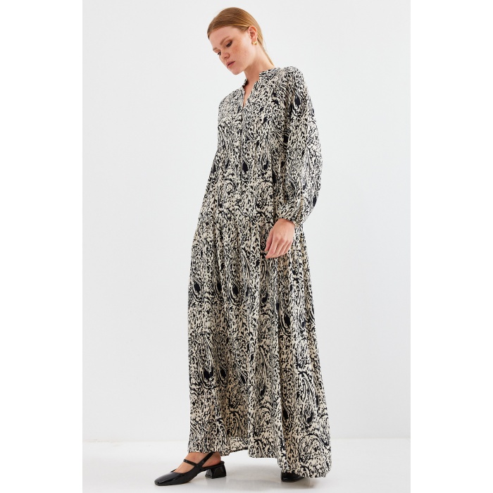 Kadın Desenli Siyah  Viskon Tesettür Elbise 2423