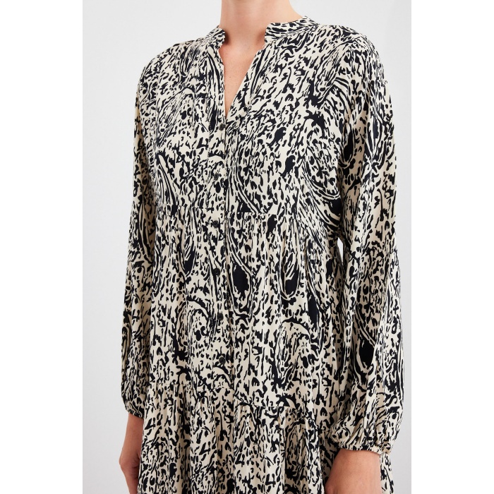 Kadın Desenli Siyah  Viskon Tesettür Elbise 2423