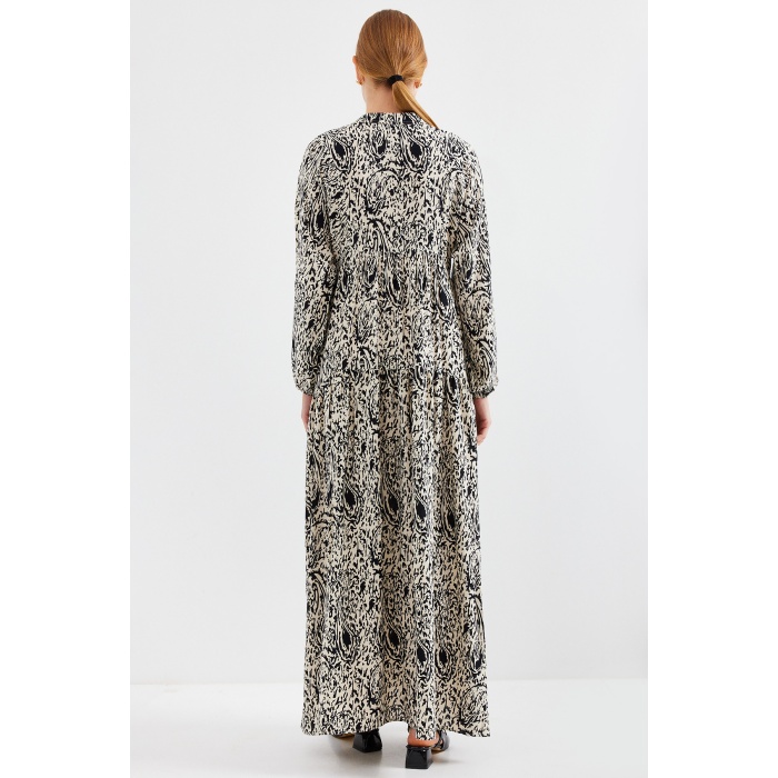 Kadın Desenli Siyah  Viskon Tesettür Elbise 2423