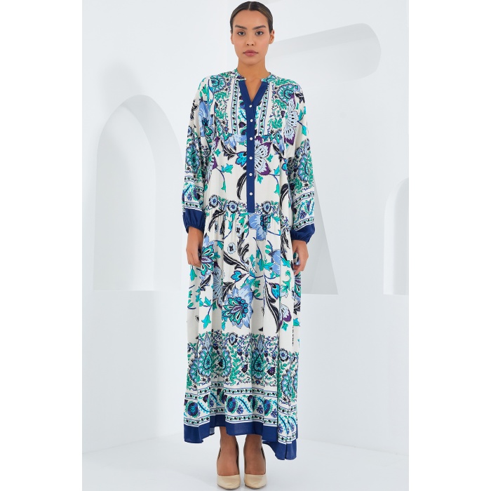 Kadın Lacivert Yeşil Viskon Tesettür Elbise 2423